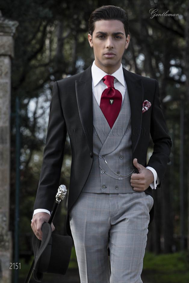 ONGala 2151 - Chaqué vintage negro con pantalón y chaleco príncipe de gales