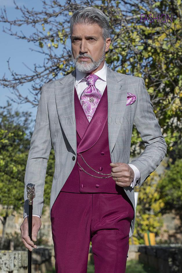 ONGala 2152 - Chaqué vintage príncipe de gales coordinado con pantalón y chaleco borgoña
