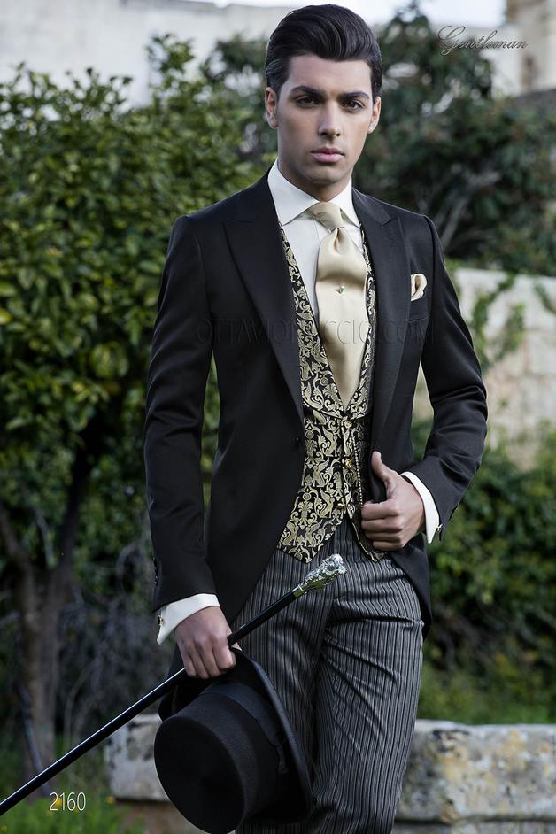 ONGala 2160 - Chaqué negro clásico con pantalón de etiqueta y chaleco de seda oro