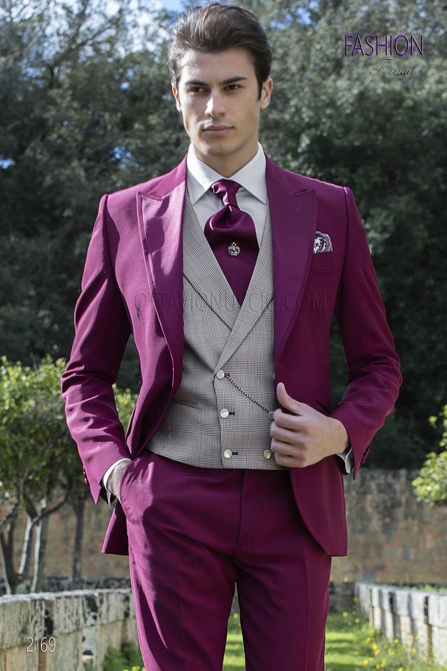 ONGala 2169 - Traje de novio borgoña con chaleco príncipe de gales
