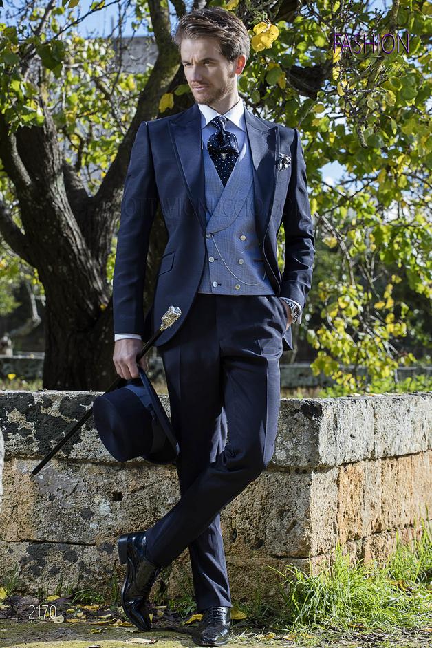 ONGala 2170 - Traje de novio azul con chaleco príncipe de gales