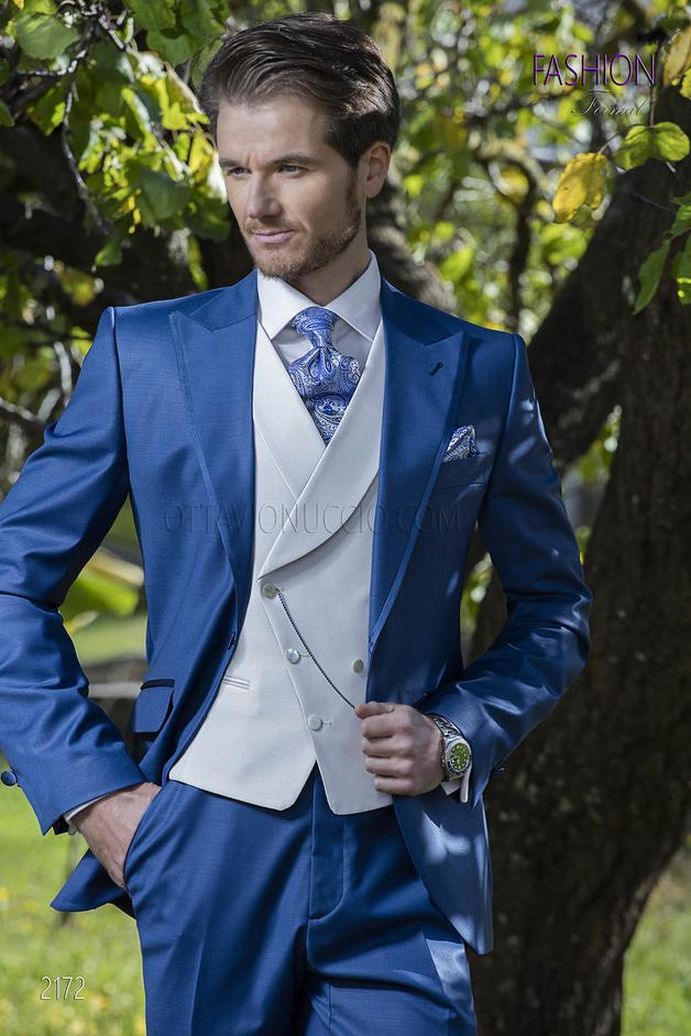 ONGala 2172 - Traje de novio azul royal fresco lana con chaleco blanco