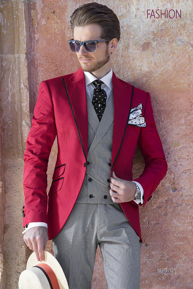 ONGala 2191 - Traje vintage con chaqueta roja algodón y pantalón y chaleco pata de gallo