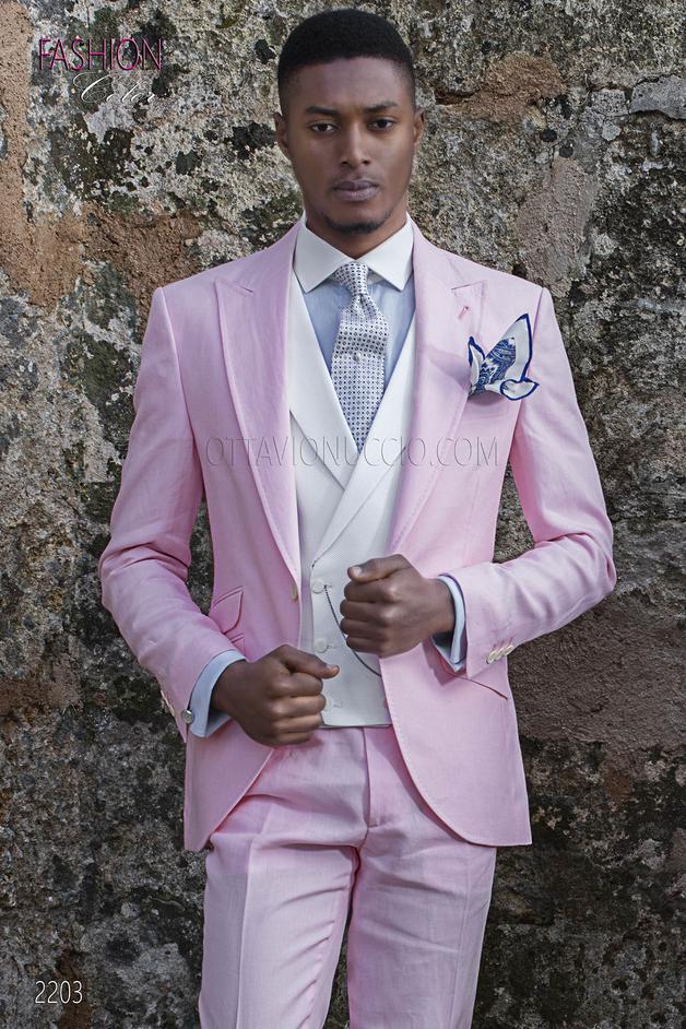 ONGala 2203 - Traje rosa de lino con chaleco blanco