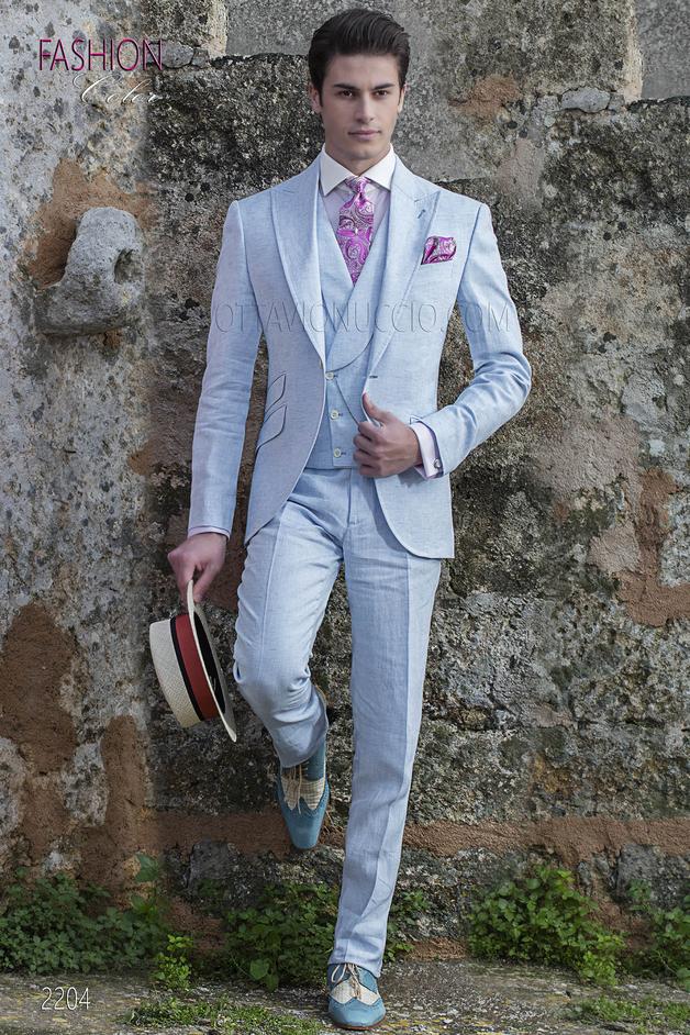 ONGala 2204 - Traje vintage celeste de lino puro