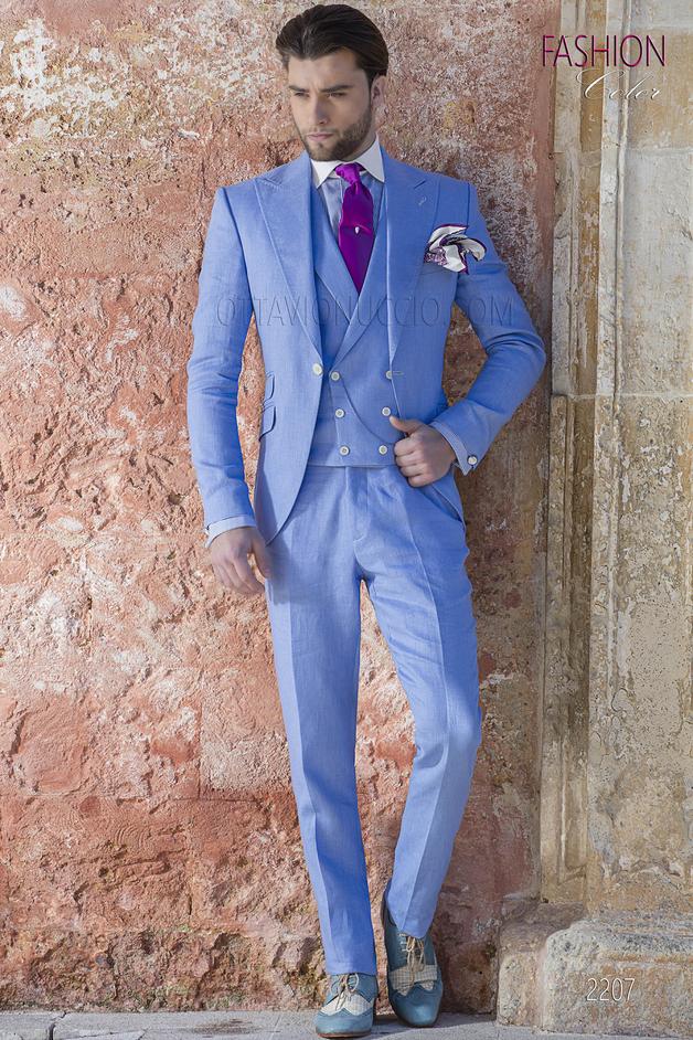 ONGala 2207 - Traje de novio vintage celeste de lino puro