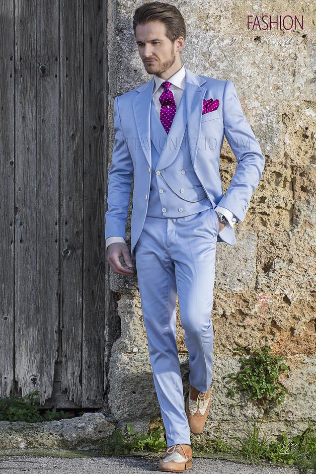 ONGala 2211 - Traje vintage celeste en raso de algodón