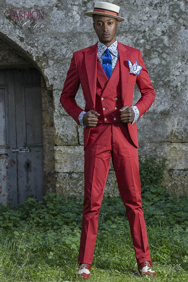 ONGala 2216 - Traje de novio vintage rojo de algodón