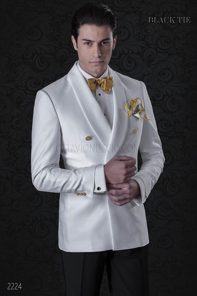 ONGala 2224 - Esmoquin blanco cruzado solapa chal con pantalón negro 