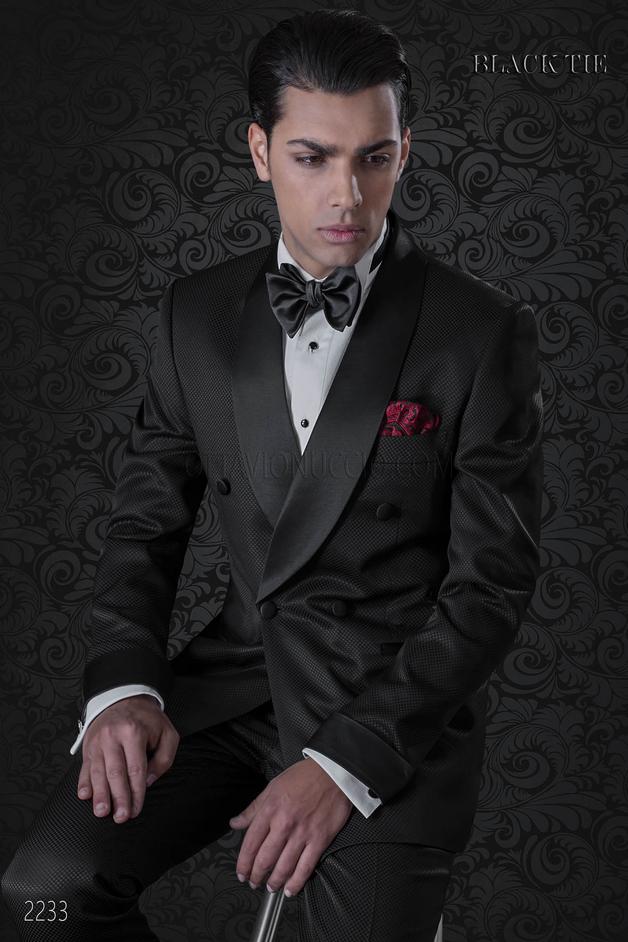 ONGala 2233 - Esmoquin cruzado negro con solapa chal de raso