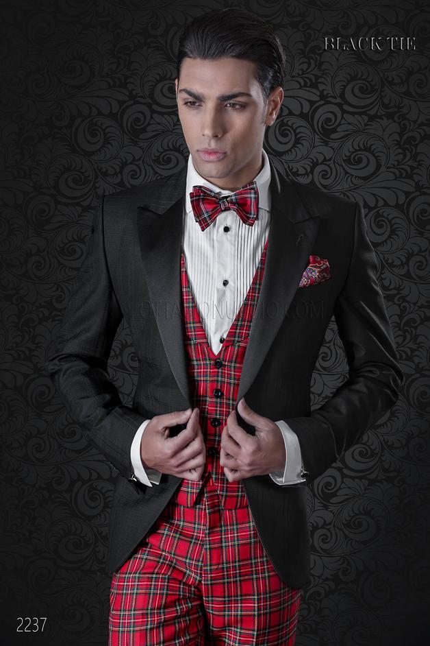 ONGala 2237 - Esmoquin negro cuadro madrás con pantalón y chaleco tartán rojo