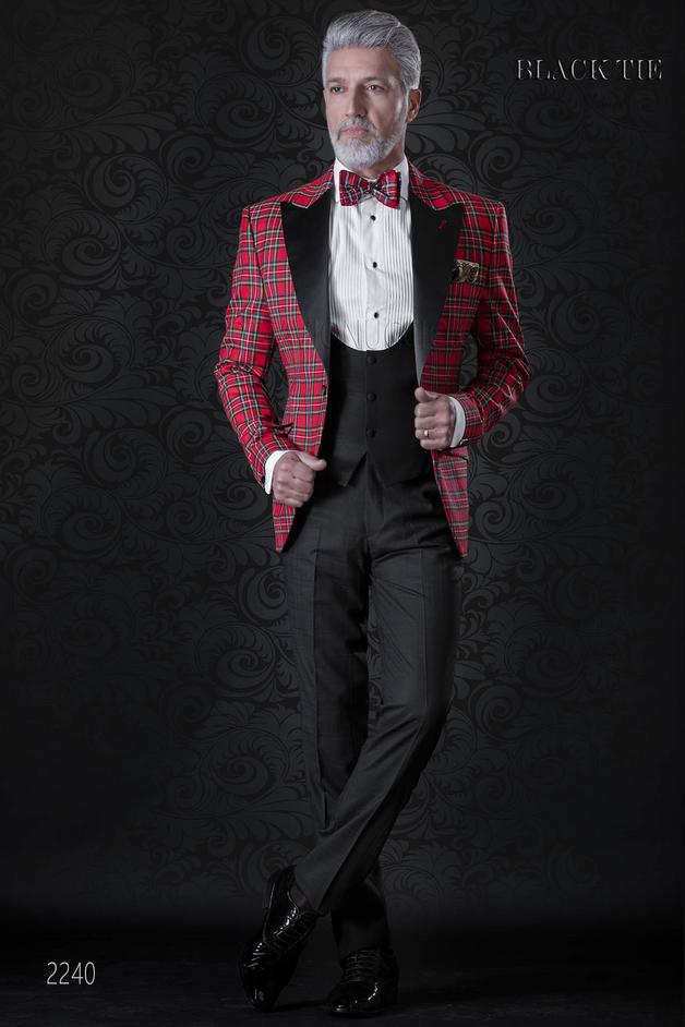 ONGala 2240 - Chaqueta esmoquin tartán rojo de lana con solapa de raso