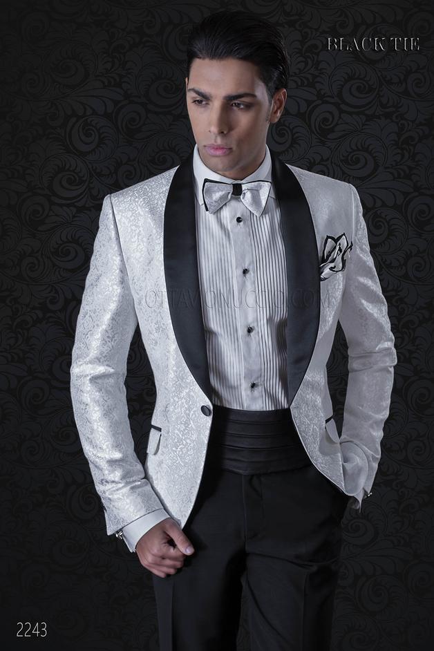 ONGala 2243 - Esmoquin blanco brocado solapa chal de raso y pantalón negro