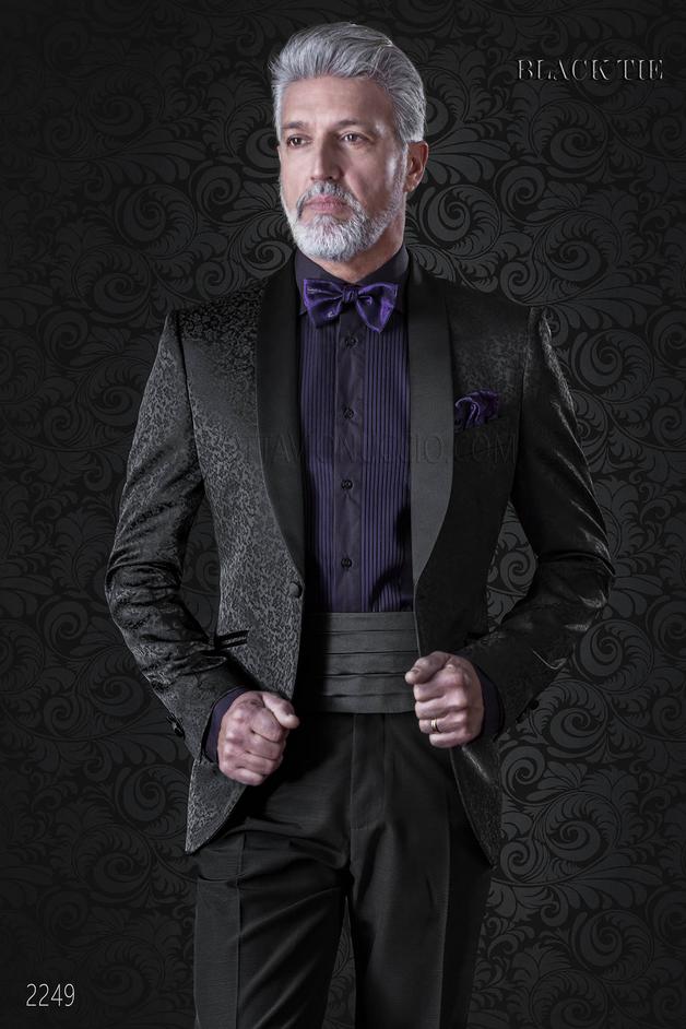 ONGala 2249 - Esmoquin negro jacquard solapa chal de raso y pantalón negro