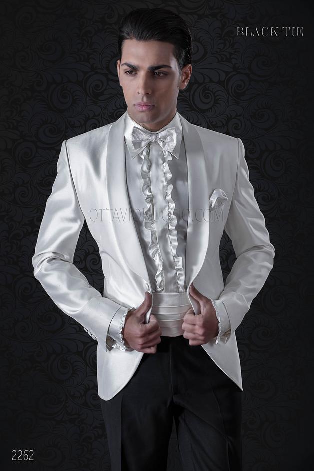 ONGala 2262 - Esmoquin blanco shantung solapa chal con pantalón negro