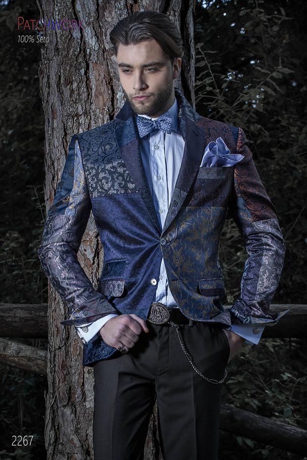 ONGala 2267 - Patchwork Silk italian Jacket for men in blue tones