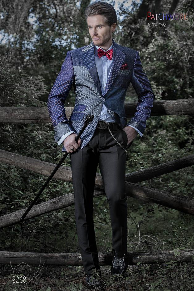 ONGala 2268 - Patchwork Silk men Jacket in blue and violet tones