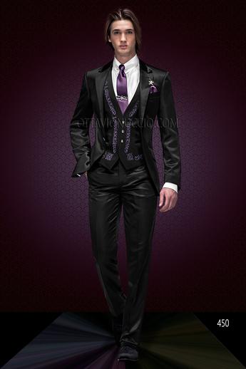 ONGala 450 - Trajes de novio italianos con chaleco bordado raso negro