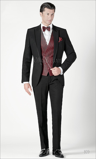 ONGala 809 - Trajes de novio italianos en acetato lana negro con chaleco cruzado asimètrico
