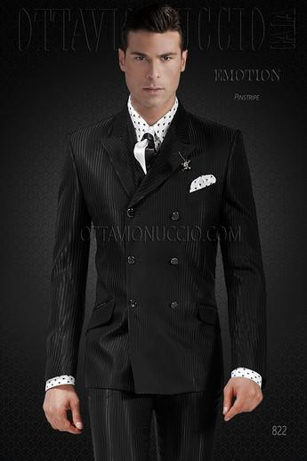ONGala 822 - Traje de novio cruzado de rayas negro