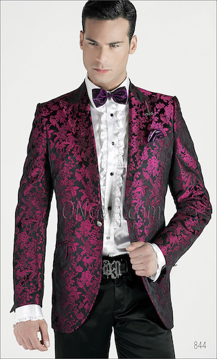 ONGala 844 - Trajes de novio con Chaqueta seda jacquard fondo negro motivo fucsia