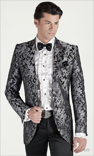 ONGala 849 - Traje para novio con Chaqueta seda jacquard fondo negro motivo perla