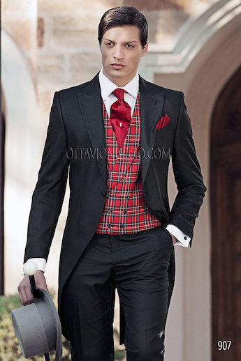 ONGala 907 - Chaqué en mixto viscosa negro con chaleco tartan cruzado