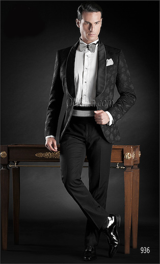 ONGala 936 - Traje de novio italiano con Chaqueta de noche adamascado negra