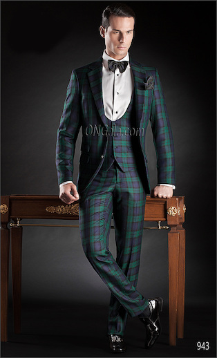 ONGala 943 - Traje de novio italiano tartán verde Azúl