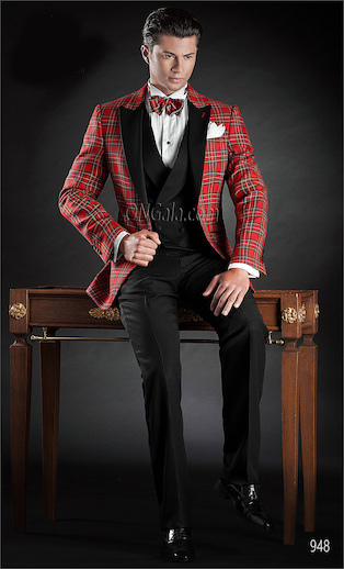 ONGala 948 - Trajes de novio italianos con Chaqueta de novio tartán rojo