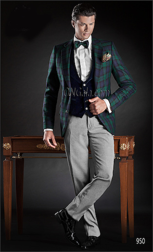 ONGala 950 - Trajes italianos novio con Chaqueta tartán verde Azúl