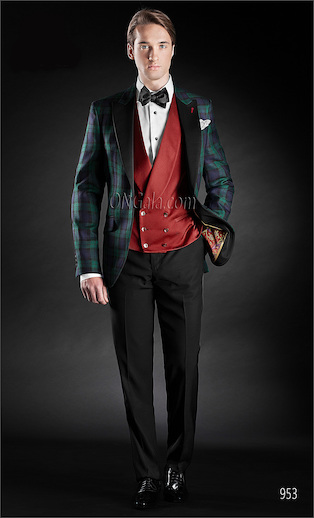 ONGala 953 - Trajes italianos de novio con Chaqueta tartán verde azúl