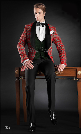 ONGala 955 - Trajes de novio italianos con Chaqueta tartán rojo