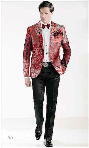 ONGala 977 - Trajes de novio con Chaqueta Patchwork en seda tonos negro rojo